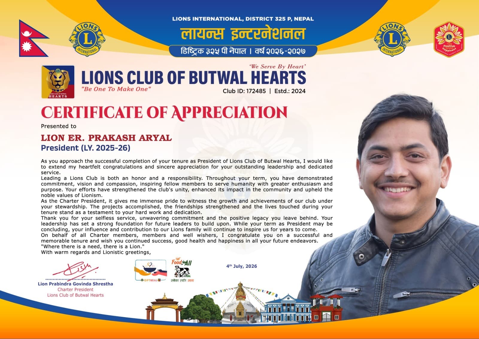 Tribute from Charter President Lion Prabindra Govinda Shrestha